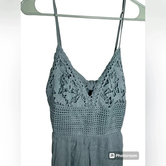Ocean Drive Boho Romper Green Spaghetti Strap Back Tie Crochet Lace Top Size M - Picture 3 of 6